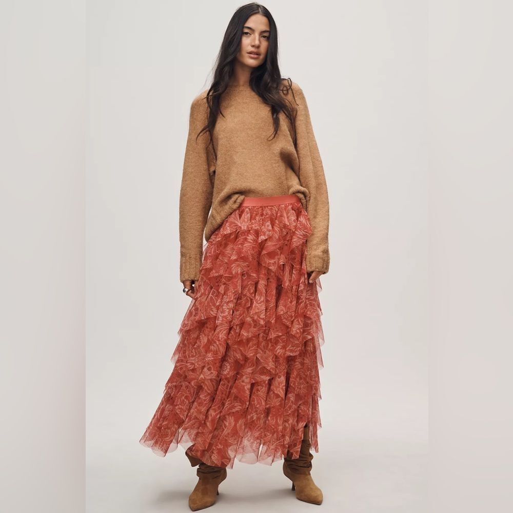 New The Chéri Ruffled Tulle Midi Skirt by Anthropologie Size S